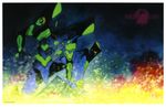  artist_name dark_background embers evangelion:_2.0_you_can_(not)_advance fire glowing green_eyes highres horn masuo_shouichi mecha neon_genesis_evangelion no_humans one_knee rebuild_of_evangelion 