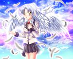  angel_beats! blazer blue_hair feathers izumi_akane jacket long_hair school_uniform solo tenshi_(angel_beats!) yellow_eyes 