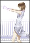  bob_cut border brown_eyes brown_hair dress finger_gun hagiwara_yukiho idolmaster idolmaster_(classic) inu_(aerodog) parody pointing railing short_hair solo sweat yuu_yuu_hakusho 