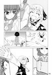  :d ^_^ anger_vein ascot bird closed_eyes comic fangs fuantei glowing glowing_eyes glowing_smile greyscale highres kazami_yuuka monochrome multiple_girls open_mouth outstretched_arms rumia silent_comic skirt skirt_grab skirt_set smile spread_arms touhou vest 