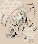  1girl action bare_shoulders barefoot beige blonde_hair bow bracelet brother_and_sister brown closed_mouth feet flat_color frown gekokujou_(vocaloid) hadanugi_dousa headset holding holding_knife holding_weapon jewelry kagamine_len kagamine_rin knife leg_wrap looking_at_viewer looking_up monochrome outstretched_arms red_eyes sarashi siblings sideways_glance spot_color spread_arms tongue tongue_out twins vocaloid wafuu_kimuchi weapon 