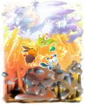  fire flame full_body gen_5_pokemon jumping kirikaze_(mugimikan) no_humans oshawott pointy_ears pokemon pokemon_(creature) red_eyes reshiram rock snivy tepig zekrom 