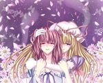  blonde_hair flower gloves hat long_hair mako1984 multiple_girls no_hat no_headwear petals pink_hair purple_eyes red_eyes saigyouji_yuyuko tears touhou white_gloves yakumo_yukari 