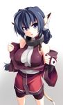  animal_ears blue_hair bodysuit braid breasts cat_ears collar grune highres japanese_clothes karura_(utawareru_mono) large_breasts metal_collar off_shoulder open_clothes open_shirt shirt solo tail utawareru_mono 