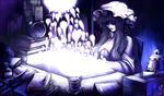  aouji book candle clock cup frown hat lipstick long_hair magic makeup monochrome paintbrush patchouli_knowledge purple scroll shaded_face sitting solo teacup touhou 