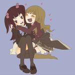  2girls bangs black_legwear blush boots bow brown_eyes brown_hair garter_straps hair_bobbles hair_ornament heart hug long_hair lowres mammon multiple_girls pleated_skirt red_hair skirt smile stakes_of_purgatory thighhighs two_side_up umineko_no_naku_koro_ni ushiromiya_ange yuri zettai_ryouiki 