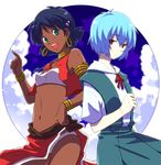  armband ayanami_rei bandeau bare_shoulders black_hair blue_hair bob_cut bracelet cloud company_connection creator_connection crossover dark_skin day earrings eitoman fushigi_no_umi_no_nadia gainax green_eyes hair_ornament hairclip halftone hoop_earrings jewelry loincloth midriff multiple_girls nadia navel neck_ring neon_genesis_evangelion panties pelvic_curtain red_eyes school_uniform short_hair sky star_(sky) starry_sky strapless tubetop underwear vest 