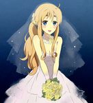  bare_shoulders blonde_hair blue_eyes bouquet bridal_veil bride dress flower gloves hair_ornament jewelry k-on! kotobuki_tsumugi kunie_(seppa) long_hair necklace solo veil wedding_dress 