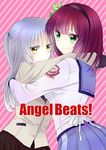  angel_beats! blazer green_eyes hair_ribbon hairband half_updo hug jacket long_hair mirakururu multiple_girls purple_hair ribbon school_uniform serafuku short_hair silver_hair skirt tenshi_(angel_beats!) yellow_eyes yuri yuri_(angel_beats!) 