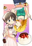  ahoge antenna_hair apron blonde_hair blue_eyes brown_hair cake chocolate face food fork fruit heebee holding holding_fork hoshii_miki icing idolmaster idolmaster_(classic) jewelry kikuchi_makoto licking multiple_girls necklace plate short_hair sleeves_pushed_up strawberry upside-down 