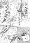  :q battle capelet coat comic danmaku fur_trim greyscale highres kazami_yuuka letty_whiterock mokku monochrome multiple_girls plaid shaded_face short_hair slit_pupils snow spell_card tongue tongue_out touhou translated umbrella wince 