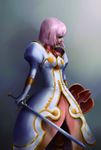  absurdres estellise_sidos_heurassein grey_background highres pink_hair realistic shield short_hair solo sword tales_of_(series) tales_of_vesperia utaware01 weapon 