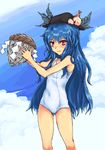  blue_hair carrying cloud covered_navel day food fruit hat hinanawi_tenshi keystone leaf long_hair navel one-piece_swimsuit peach red_eyes rock rope school_swimsuit shide shimenawa siu sky smile solo swimsuit touhou white_school_swimsuit white_swimsuit 