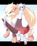  animal_ears arcanine crossover detached_sleeves gen_1_pokemon geta hat inubashiri_momiji miyo_(miyomiyo01) poke_ball pokemon pokemon_(creature) red_eyes shoes sword tengu-geta tokin_hat touhou weapon white_hair wolf_ears 