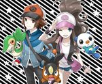  1girl bad_id bad_pixiv_id baseball_cap gen_5_pokemon hat momomura oshawott pokemon pokemon_(creature) pokemon_(game) pokemon_bw salute snivy tepig touko_(pokemon) touya_(pokemon) 