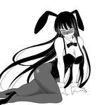  amano_issui animal_ears black_hair blush bow bowtie breasts bunny_ears bunny_girl bunnysuit cleavage female_protagonist_(houkago_play) greyscale high_heels houkago_play large_breasts legs leotard long_hair monochrome pantyhose shoes solo very_long_hair 