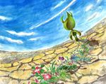  condensation_trail day dry flower from_behind gen_2_pokemon legendary_pokemon nature no._017 no_humans plant pokemon pokemon_(creature) traditional_media walking watercolor_(medium) 