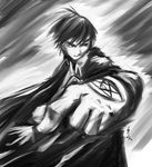  antenna_hair artist_request cape cloak fullmetal_alchemist greyscale male_focus monochrome parted_lips roy_mustang solo tattoo upper_body 