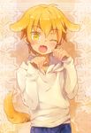  animal_ears blonde_hair blush dog_ears dog_tail durarara!! earrings fang jewelry kida_masaomi male_focus one_eye_closed open_mouth paw_pose solo tail yellow_eyes zhuo_mi 