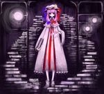  bad_id bad_pixiv_id book book_stack capelet card cloak full_body hat highres holding holding_book holding_card kiku_(kicdoc) lamp patchouli_knowledge purple solo standing too_many too_many_books touhou 