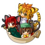  :3 animal_ears bad_id bad_pixiv_id basket braid chen chibi kaenbyou_rin kemonomimi_mode multiple_girls neko_nabe shinjitsu tail tiger_ears tiger_tail toramaru_shou touhou 