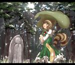  animal_ears aruu_(memories) bad_id bad_pixiv_id forest jizou leaf letterboxed nature rain roku_(touhou) solo statue sunlight touhou umbrella 