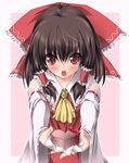  blush brown_hair chocolate chocolate_heart colorized detached_sleeves gift hakurei_reimu heart highres holding holding_gift incoming_gift komachi_(natsu) red_eyes ribbon solo touhou valentine 