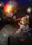  absurdres aerial_fireworks alice_margatroid blonde_hair blue_eyes fireworks hairband highres lantern masaki night pointing ribbon solo touhou 