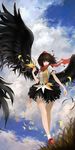  black_hair black_wings cloud day duplicate fenrir_(buzhidaoshishuei) hat highres legs looking_away red_eyes shameimaru_aya short_hair skirt sky smile solo tokin_hat touhou wings 