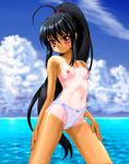  ahoge black_hair blush breasts caustics cloud day hand_on_thigh head_tilt long_hair looking_at_viewer nipples ocean one-piece_tan outdoors panties parted_lips ponytail red_eyes ribs see-through shakugan_no_shana shana shiny shiny_skin small_breasts solo spread_legs standing tan tanline topless underwear underwear_only very_long_hair wet wet_clothes white_panties zz-r 