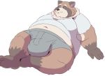  00murice 2019 anthro belly brown_fur bulge canine clothing fur humanoid_hands lying male mammal moobs navel overweight overweight_male shirt shorts simple_background solo tanuki white_background 