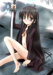  alastor_(shakugan_no_shana) barefoot black_hair brown_eyes coat flat_chest jewelry long_hair non-web_source open_clothes open_shirt pendant shakugan_no_shana shana shirt sword weapon 