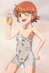  akashi_kaoru areolae armpits baanin bad_id bad_pixiv_id blush breasts cameltoe covered_nipples drink naked_towel one_eye_closed red_eyes red_hair see-through short_hair small_breasts solo towel wet zettai_karen_children 