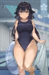  1girl azuma_(azur_lane) azur_lane black_hair black_swimsuit blurry breasts competition_swimsuit crest curvy depth_of_field feet_out_of_frame hair_flaps highres indoors innertube large_breasts looking_at_viewer one-piece_swimsuit photo_background pool sakurami617 smile solo swimsuit towel translation_request white_towel yellow_eyes 