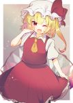  1girl aoi_(annbi) ascot blonde_hair bow commentary eyebrows_visible_through_hair fang flandre_scarlet hat hat_bow highres mob_cap one_eye_closed open_mouth petticoat red_eyes red_skirt red_vest short_sleeves skin_fang skirt skirt_hold skirt_set solo touhou vest wings yellow_neckwear 