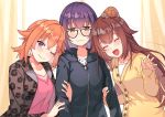  3girls ^_^ ^o^ absurdres black-framed_eyewear blush breasts brown_eyes brown_hair closed_eyes closed_mouth collarbone eyebrows_visible_through_hair futabach._sarugakuchou_futaba glasses hibiki_ao hibiki_ao_(character) highres hololive hood hoodie large_breasts long_hair long_sleeves looking_at_viewer multiple_girls one_eye_closed open_mouth purple_eyes purple_hair sarugakuchou_futaba short_hair smile spiked_hair tokino_sora tokino_sora_channel tonari_no_kai_keruberosu turtle virtual_youtuber watanuki-san_chi_no zipper zipper_pull_tab 