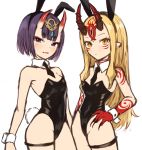  2girls animal_ears bangs bare_shoulders black_leotard black_neckwear blonde_hair bob_cut breasts bunny_ears bunny_tail bunnysuit closed_mouth detached_collar eyeliner facial_mark fate/grand_order fate_(series) fingernails forehead forehead_mark hair_pulled_back headpiece highres horns ibaraki_douji_(fate/grand_order) leotard long_hair looking_at_viewer makeup multiple_girls necktie oni oni_horns open_mouth pointy_ears purple_eyes purple_hair sharp_fingernails short_eyebrows short_hair shuten_douji_(fate/grand_order) sidelocks simple_background skin-covered_horns small_breasts smile sookmo strapless strapless_leotard tail tattoo thigh_strap white_background wrist_cuffs yellow_eyes 