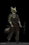  2020 5_fingers anthro belt black_background black_nose boots bottomwear canid canine clothed clothing digital_media_(artwork) eyebrows eyelashes fingers footwear fox fur geiger_counter hi_res holding_object holding_tool inner_ear_fluff looking_at_viewer male mammal neck_tuft pants pickaxe shirt simple_background solo standing suspenders tools topwear tuft whaleoil1 whiskers white_body white_fur white_tail 