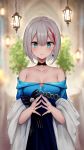  1girl admiral_graf_spee_(a_novel_anniversary)_(azur_lane) admiral_graf_spee_(azur_lane) azur_lane bare_shoulders blue_dress blue_eyes blurry blurry_background breasts choker cleavage collarbone depth_of_field dress earrings grey_hair highres jewelry lamp large_breasts looking_at_viewer multicolored_hair off-shoulder_dress off_shoulder oshishio short_hair smile solo steepled_fingers streaked_hair upper_body 
