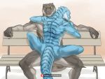  2020 4:3 5_fingers anthro anthro_on_anthro bench blue_body crocodile crocodilian crocodylid duo fingers grey_body hi_res invalid_tag male male/male pngx_(artist) reptile scalie signature sitting spread_legs spreading stripes yellow_eyes 