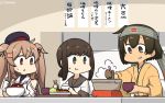  3girls asymmetrical_clothes black_eyes black_hair black_serafuku bowl brown_eyes brown_hair chopsticks commentary_request dated eating fubuki_(kantai_collection) gloves green_eyes hair_flaps hamu_koutarou headband heterochromia highres hiryuu_(kantai_collection) kantai_collection light_brown_hair long_hair low_ponytail multiple_girls murasame_(kantai_collection) ponytail pot red_eyes remodel_(kantai_collection) rice_bowl school_uniform serafuku short_hair short_ponytail sidelocks sign tan translation_request two_side_up upper_body white_gloves 