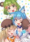  3girls :3 absurdres ahoge animal_ear_fluff animal_ears animare bangs bare_shoulders bear_ears bear_hair_ornament bear_paws black_ribbon blue_eyes blue_hair blue_neckwear blunt_bangs blush bow breast_hold breast_rest breasts brown_hair bunny_ears cleavage closed_eyes detached_sleeves dog_ears eyebrows_visible_through_hair green_bow green_eyes green_hair hair_ornament highres hinokuma_ran hug hug_from_behind inaba_haneru_(animare) large_breasts medium_hair multiple_girls one_eye_closed open_mouth orange_neckwear ribbon shirt short_hair simple_background smile smother souya_ichika tonari_no_kai_keruberosu virtual_youtuber white_shirt 