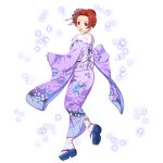  1girl back_bow bow braid braided_bun floral_print full_body fur-trimmed_kimono fur_trim furisode grey_bow hair_intakes highres japanese_clothes kimono long_sleeves looking_at_viewer obi official_art open_mouth print_bow print_kimono purple_kimono red_eyes red_hair sash short_hair solo standing sword_art_online tabi tied_hair tiese_schtrinen transparent_background white_legwear wide_sleeves 