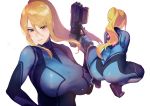  ass blonde_hair bodysuit breasts erect_nipples green_eyes gun long_hair metroid ponytail samus_aran shiroinuchikusyo skintight weapon 