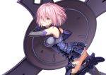  1girl armor armored_dress breasts fate/grand_order fate_(series) gloves hair_over_one_eye large_breasts lavender_hair looking_at_viewer mash_kyrielight open_mouth porikeracchou purple_eyes purple_gloves shield short_hair simple_background solo white_background 