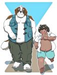  2018 anthro belly bottomwear canid canine canis clothing domestic_dog duo eyes_closed fur hi_res human kemono male mammal navel overweight overweight_male pants rentcg shirt shrots simple_background topwear white_body white_fur 