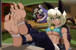  absurd_res animal_humanoid barefoot bottomwear breasts cat_ears_(disambiguation) claws clothed clothing double_(skullgirls) feet female filia foot_focus fully_clothed group hi_res humanoid invalid_tag mostlyfunstuff nadia_fortune pants shirt skullgirls soles solo teasing tickling toes topwear under_boob video_games 