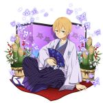  1boy arm_support blonde_hair blue_eyes blue_hakama closed_mouth collarbone eugeo fan floral_print hakama haori highres holding holding_fan japanese_clothes long_sleeves male_focus sitting smile solo striped sword_art_online vertical_stripes 