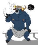  2020 anthro blue_body bovid bovine burrnie cape_buffalo chief_bogo disney english_text genitals hi_res male mammal navel nipples penis sitting solo text towel zootopia 