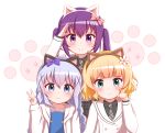  3girls animal_ears arm_up bangs black_shirt blazer blonde_hair blue_dress blue_eyes blue_hair blush bow braid brown_hairband cat_ears closed_mouth collarbone collared_shirt commentary_request dress eyebrows_visible_through_hair fake_animal_ears flower gochuumon_wa_usagi_desu_ka? goth_risuto green_eyes grey_neckwear grey_skirt hair_between_eyes hair_bow hair_flower hair_ornament hairband hand_up hood hood_down hooded_jacket jacket kafuu_chino kafuu_chino&#039;s_school_uniform kirima_sharo long_hair low_twintails multiple_girls necktie open_clothes open_jacket paw_pose plaid plaid_neckwear plaid_skirt purple_eyes purple_hair red_bow revision school_uniform shirt skirt smile striped striped_bow tedeza_rize tedeza_rize&#039;s_school_uniform twin_braids twintails upper_body v white_background white_flower white_jacket x_hair_ornament 